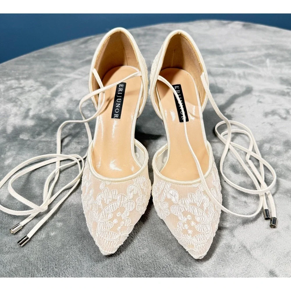 Erijunor Lace Heels Womens 3 Ivory Ankle Tie Lace Up Pointed Toe Bridal